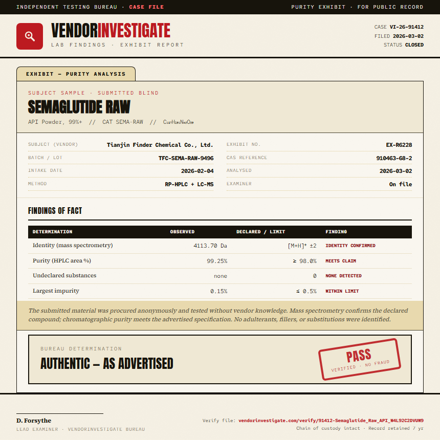 Semaglutide Raw Purity (HPLC) report by VendorInvestigate