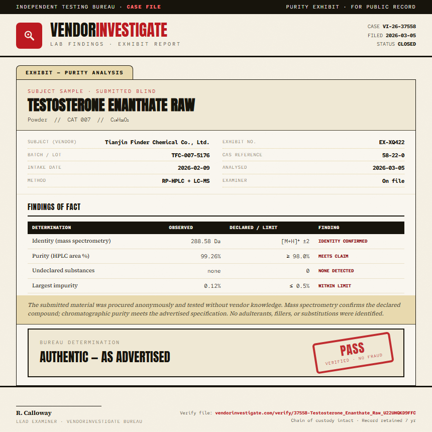 Testosterone Enanthate Raw Purity (HPLC) report by VendorInvestigate