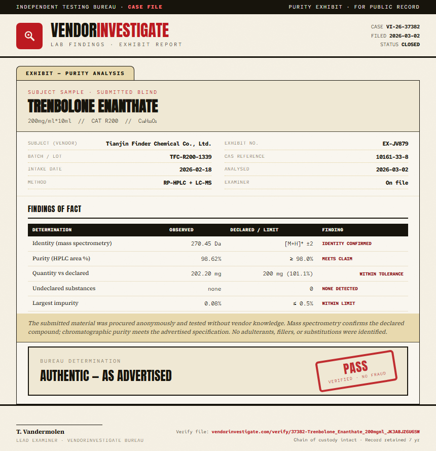 Trenbolone Enanthate Purity (HPLC) report by VendorInvestigate