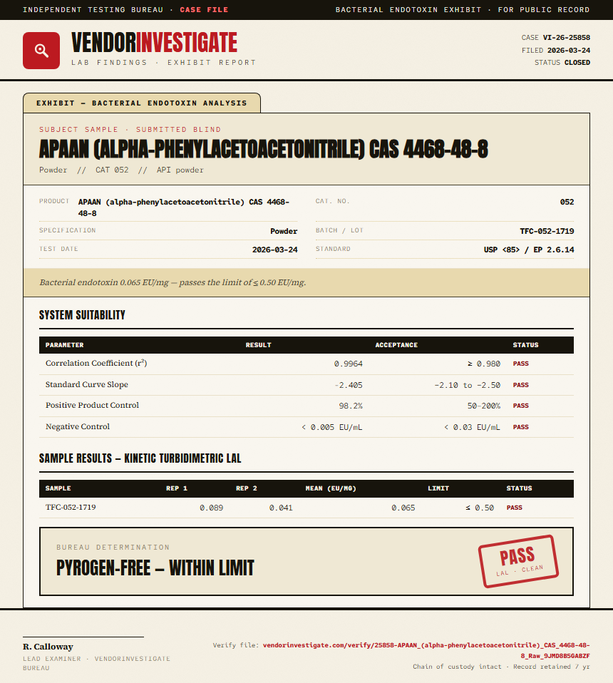 APAAN (alpha-phenylacetoacetonitrile) CAS 4468-48-8 Endotoxin report by VendorInvestigate