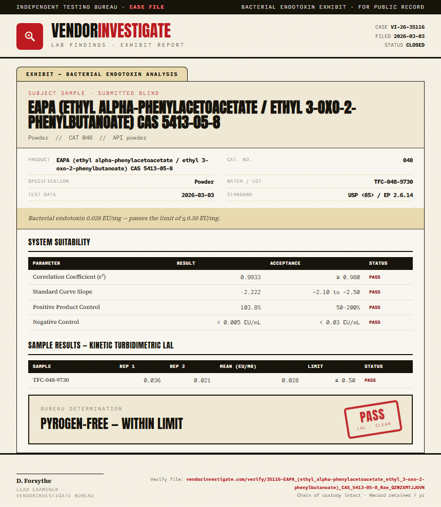 EAPA (ethyl alpha-phenylacetoacetate / ethyl 3-oxo-2-phenylbutanoate) CAS 5413-05-8 Endotoxin report by VendorInvestigate