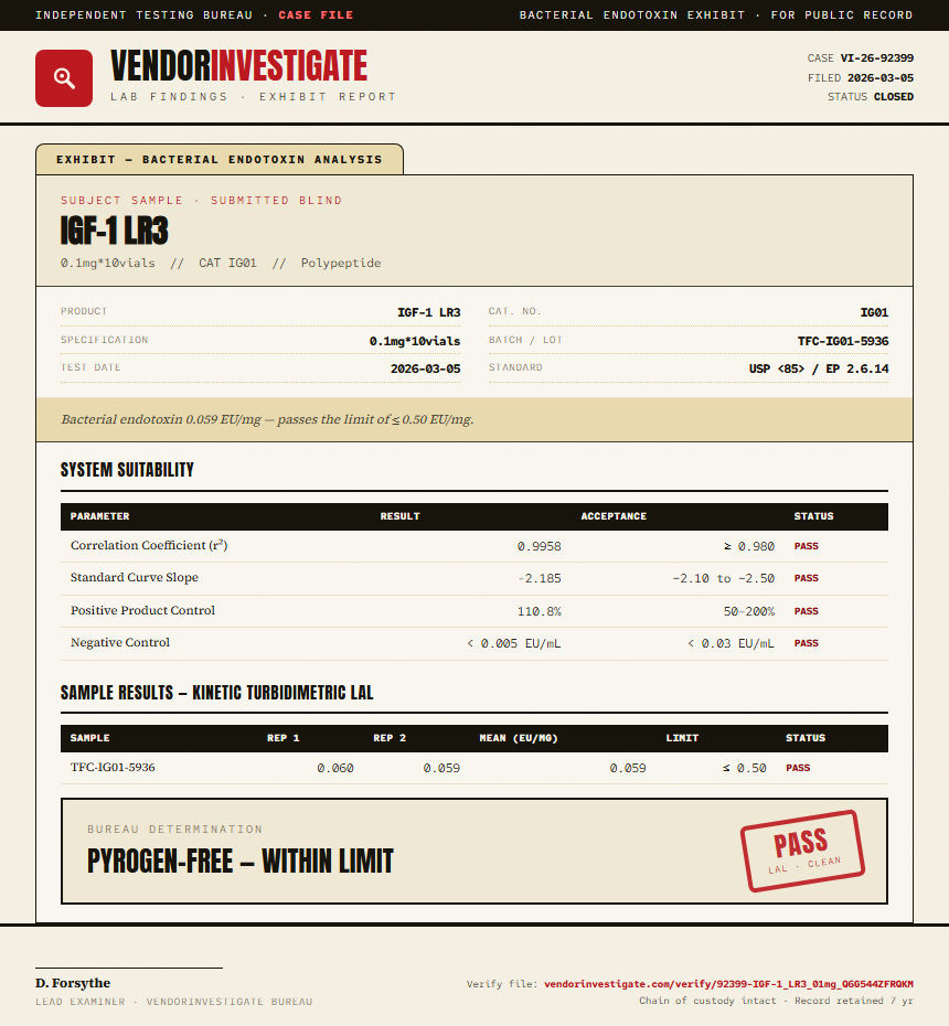 IGF-1 LR3 Endotoxin report by VendorInvestigate