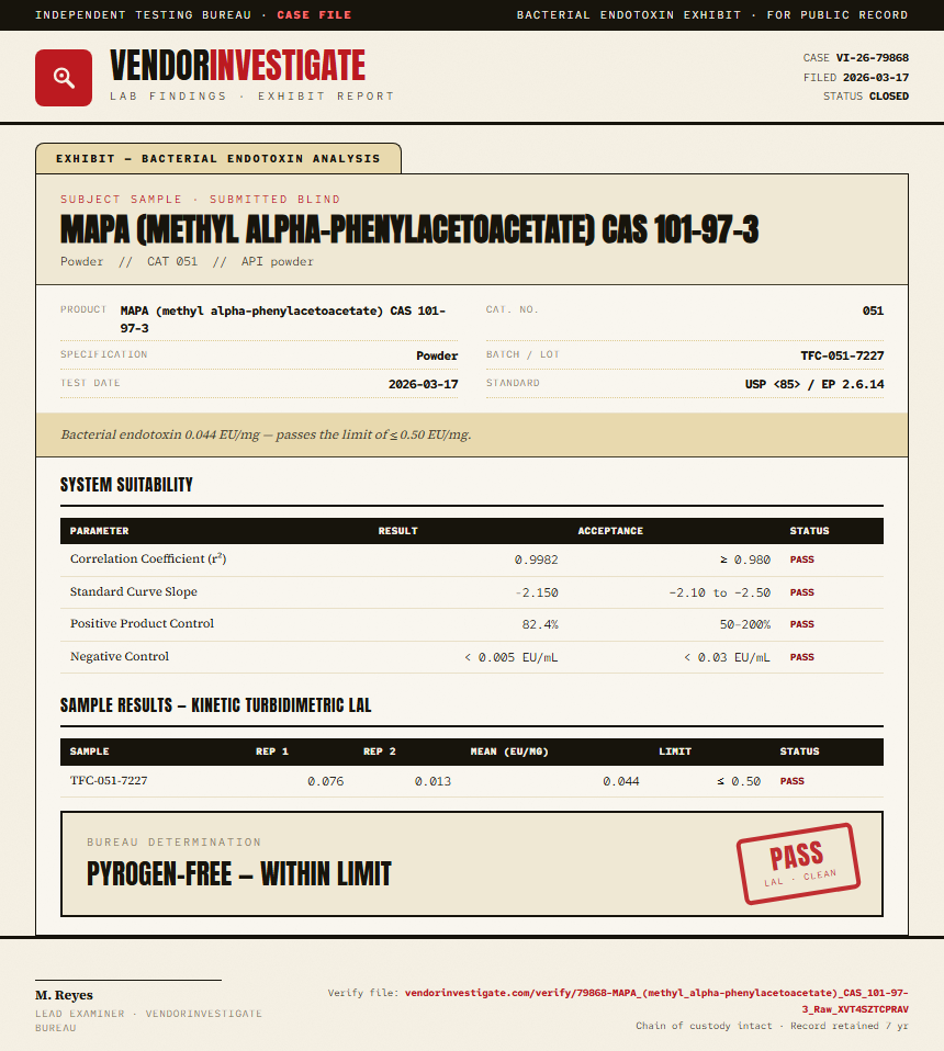 MAPA (methyl alpha-phenylacetoacetate) CAS 101-97-3 Endotoxin report by VendorInvestigate