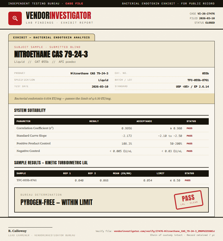 Nitroethane CAS 79-24-3 Endotoxin report by VendorInvestigate