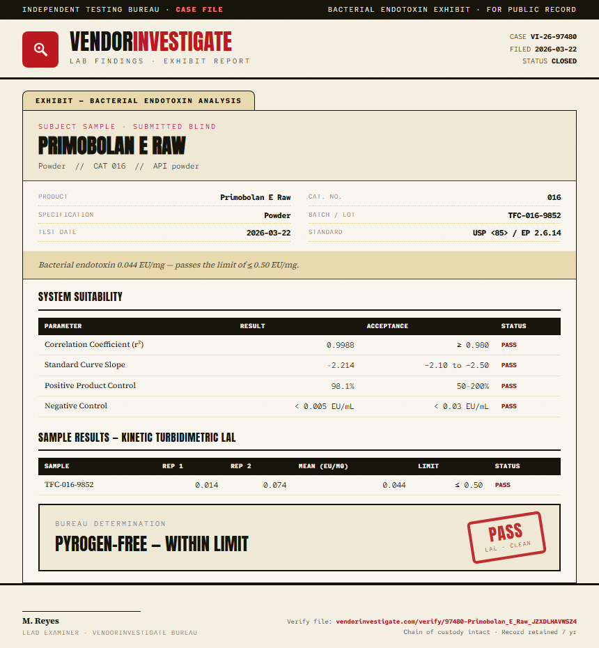 Primobolan E Raw Endotoxin report by VendorInvestigate