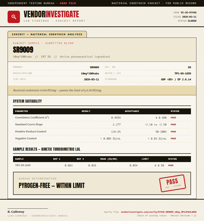SR9009 Endotoxin report by VendorInvestigate