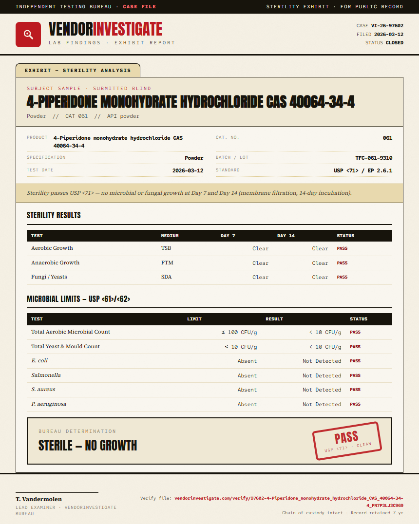 4-Piperidone monohydrate hydrochloride CAS 40064-34-4 Sterility report by VendorInvestigate