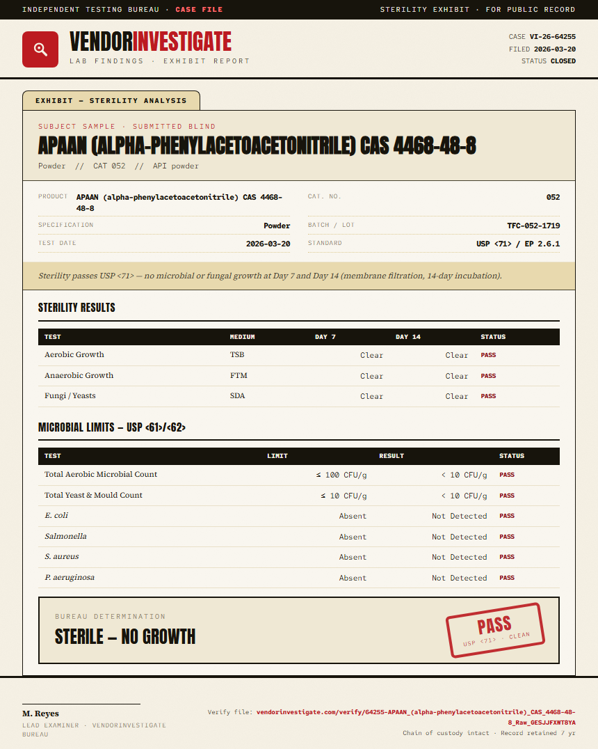 APAAN (alpha-phenylacetoacetonitrile) CAS 4468-48-8 Sterility report by VendorInvestigate