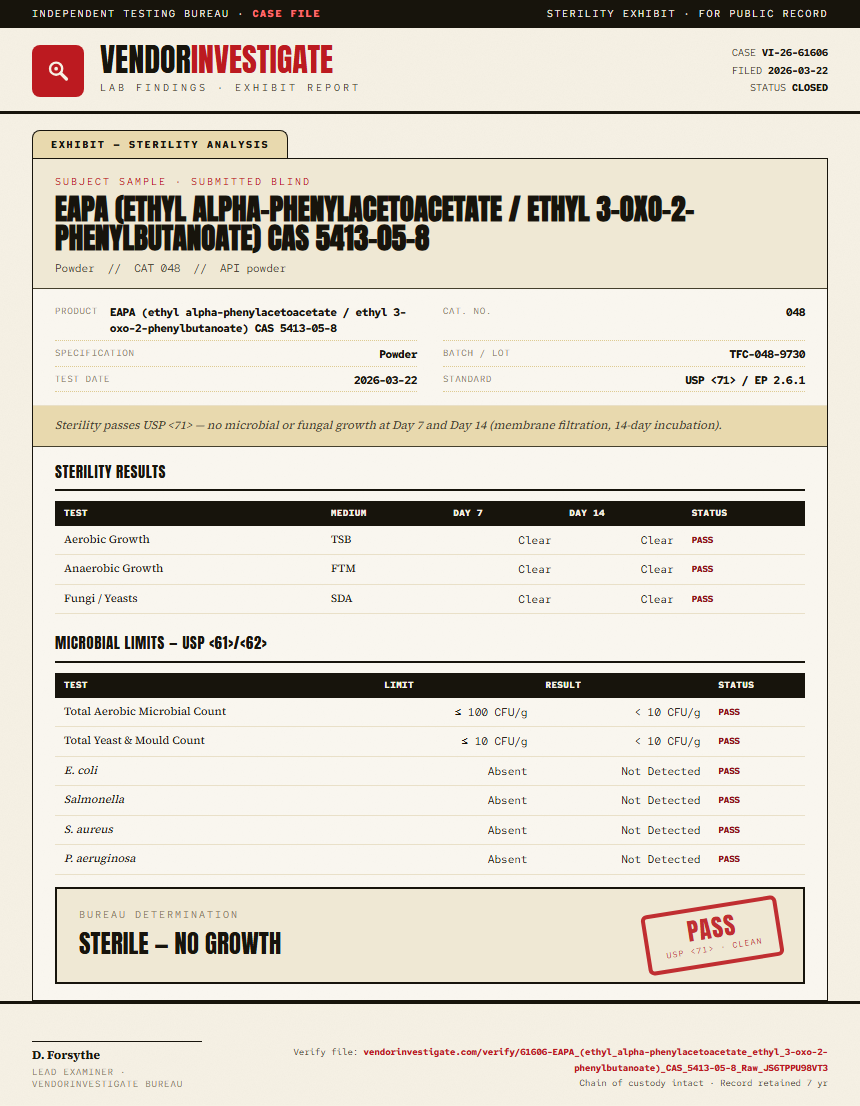 EAPA (ethyl alpha-phenylacetoacetate / ethyl 3-oxo-2-phenylbutanoate) CAS 5413-05-8 Sterility report by VendorInvestigate