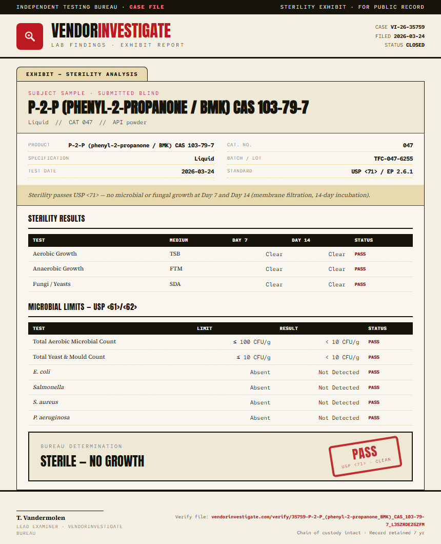P-2-P (phenyl-2-propanone / BMK) CAS 103-79-7 Sterility report by VendorInvestigate