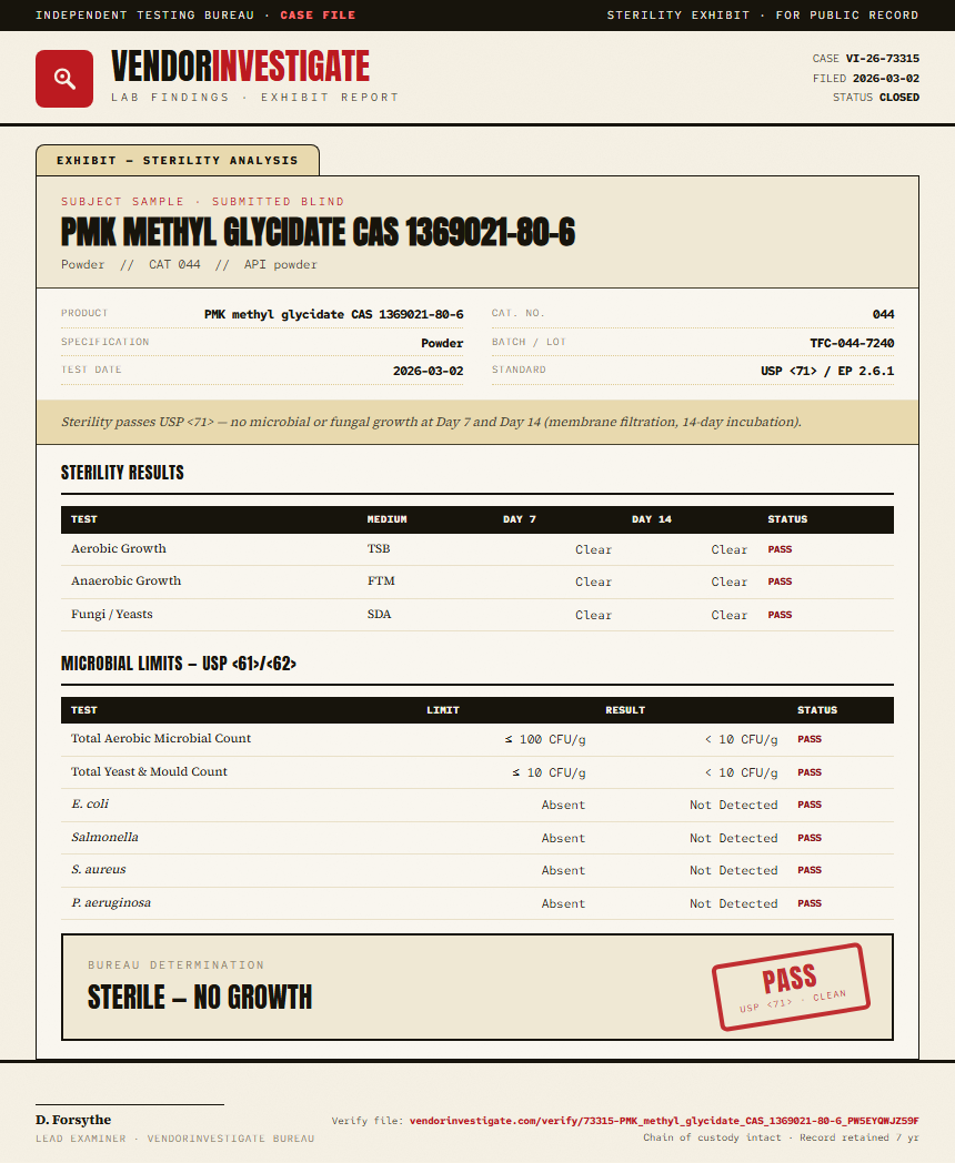PMK methyl glycidate CAS 1369021-80-6 Sterility report by VendorInvestigate